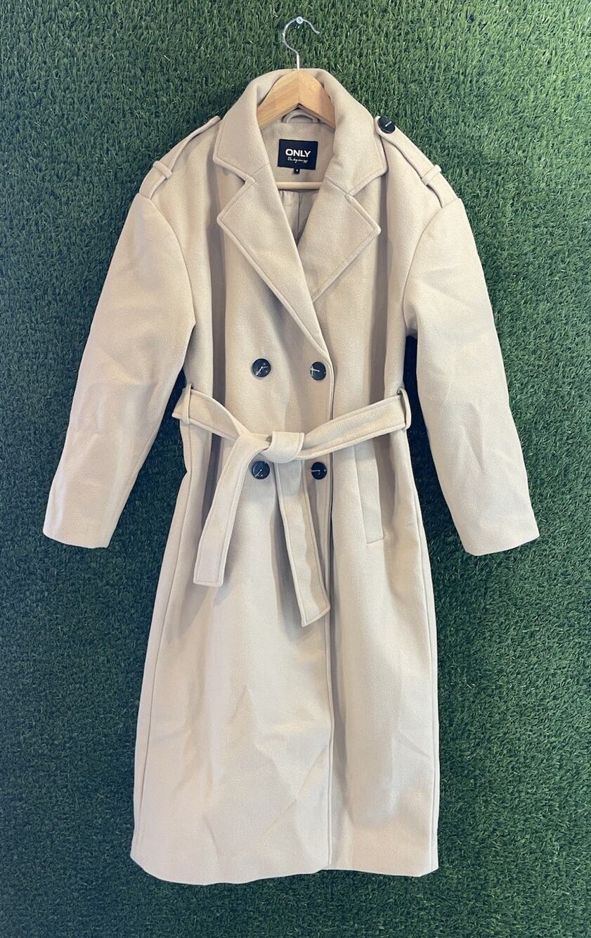 ONLY Women's Double Breasted Trench Coat Beige Khaki Belted Jacket Size S